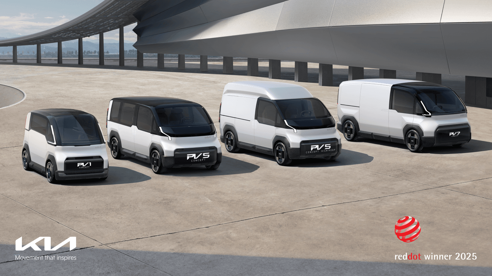 Kia PV1, PV5 och PV7 bredvid varandra.