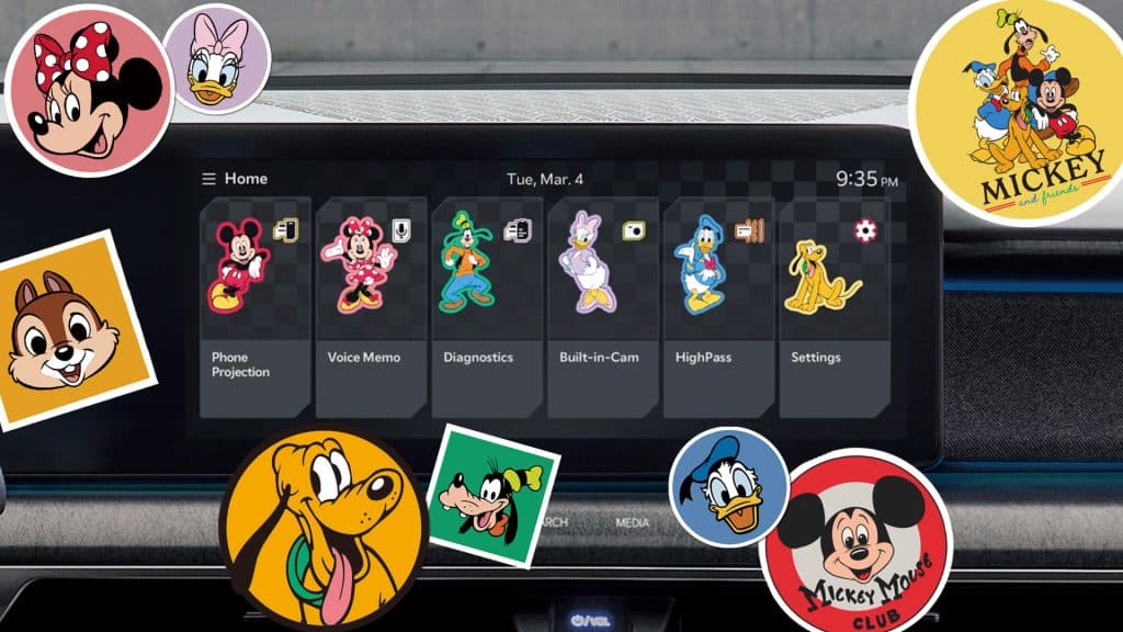 Exempel på hur ett displaytema från Disney ser ut i en bil från Kia.